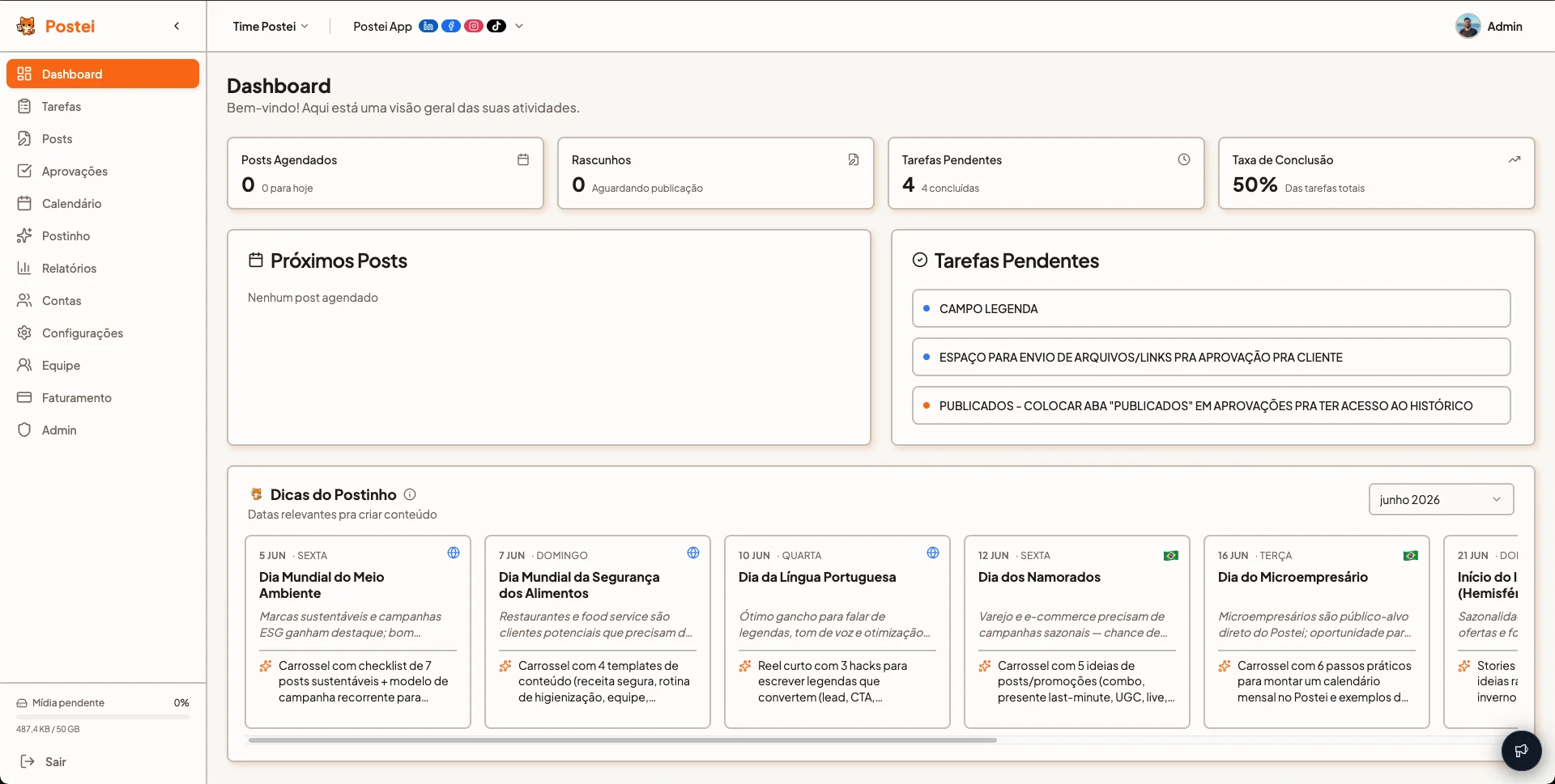Dashboard do Postei mostrando posts agendados, tarefas e calendário de conteúdo