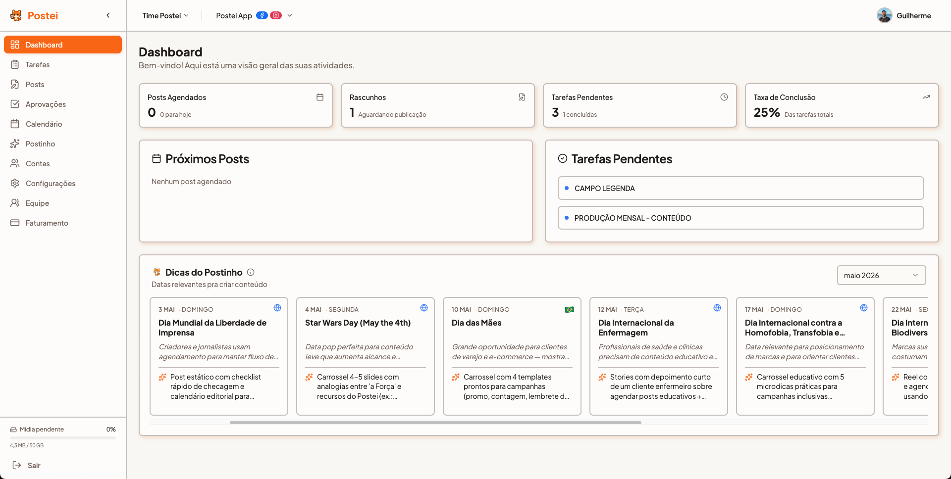 Dashboard do Postei mostrando posts agendados, tarefas e calendário de conteúdo